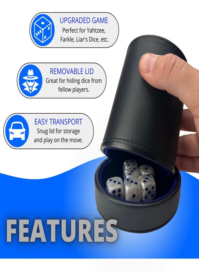 Luck Lab Black Leather Dice Cup with Lid Including 6 Matching Pearl Dice - Blue Velvet Interior for Quiet Shaking - Use for Liars Dice Farkle Yahtzee Board Games, Black - Image 4